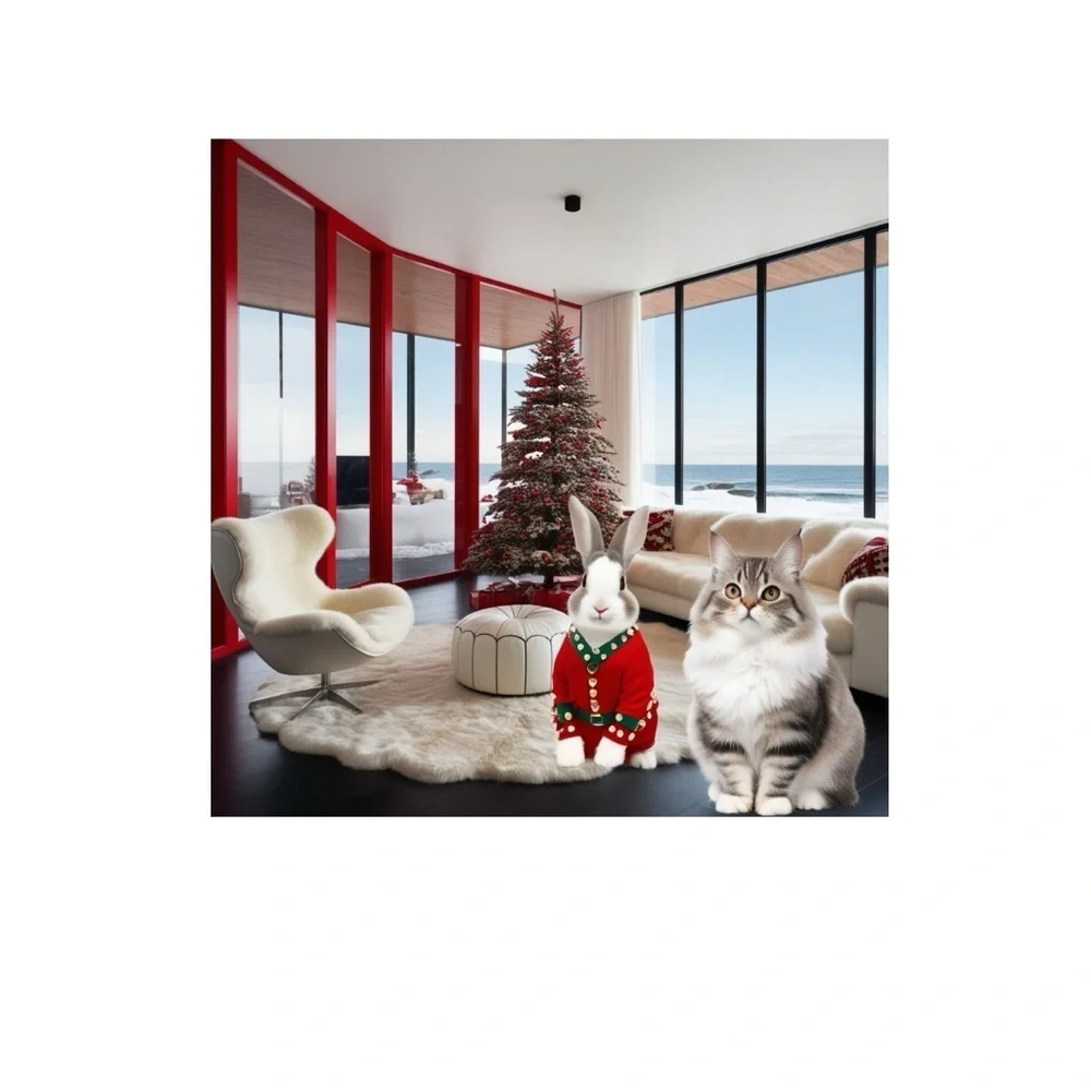 HANDCRAFTED digital art Holiday Red Pet Sweater in a decorated festive space NWT